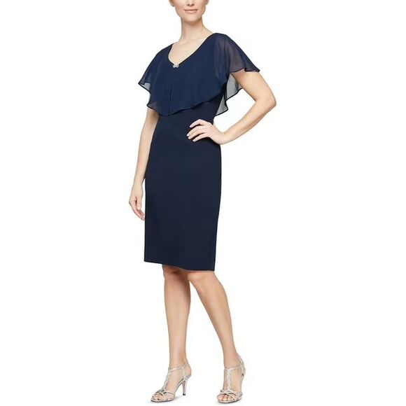 SL Fashions Women's Sheer-Overlay Sheath Dress, Navy, Size 8 - Picture 1 of 2